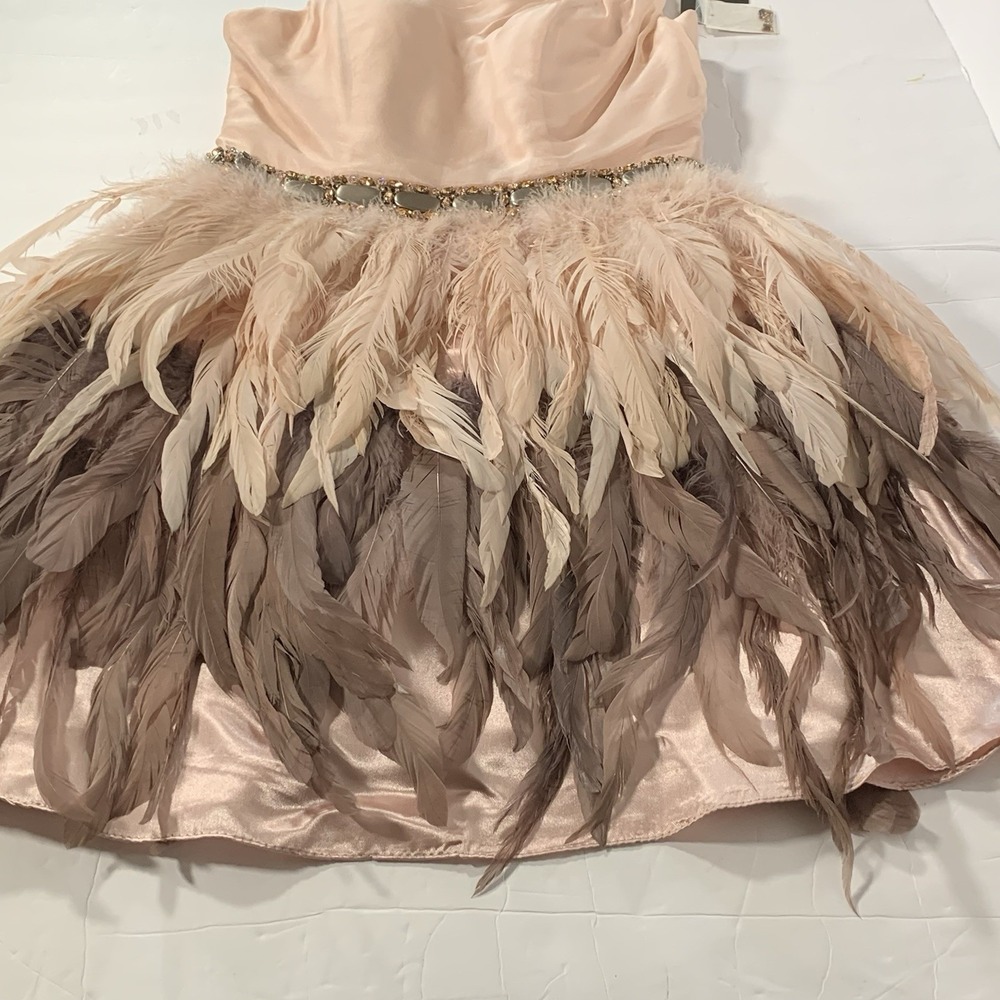 Jovani Asymmetrical Feathered Mini Dress in Cream and Brown - Picture 9 of 12